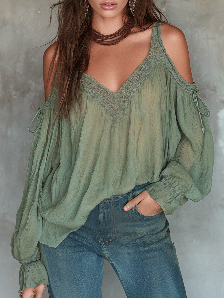 Boho V-Neck Off-Shoulder Lace Blouse