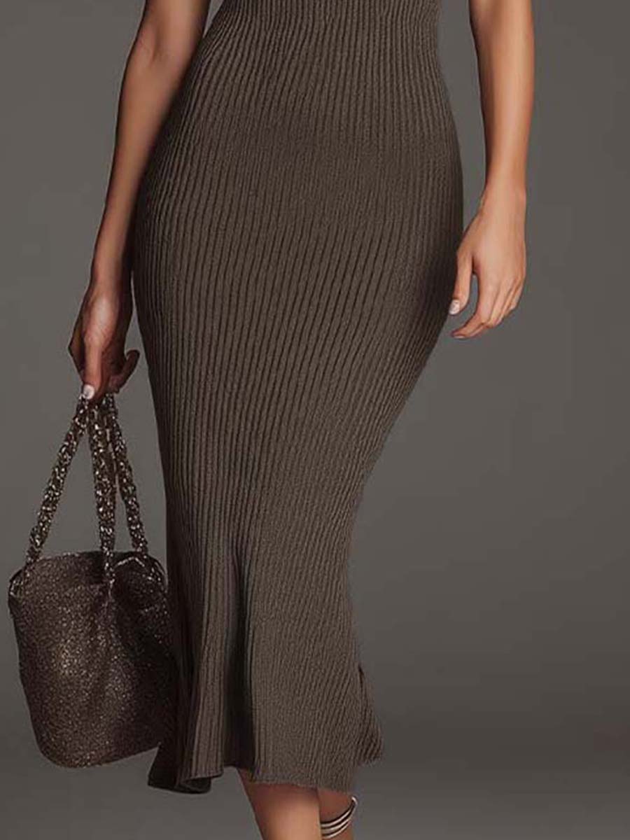 Olive Mocha Ribbed Halter Midi Dress