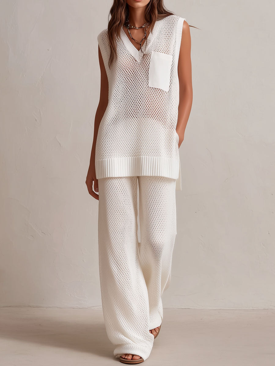Quiet Luxury Ivory Knit Sleeveless Top & Wide-Leg Pants Two-Piece Set