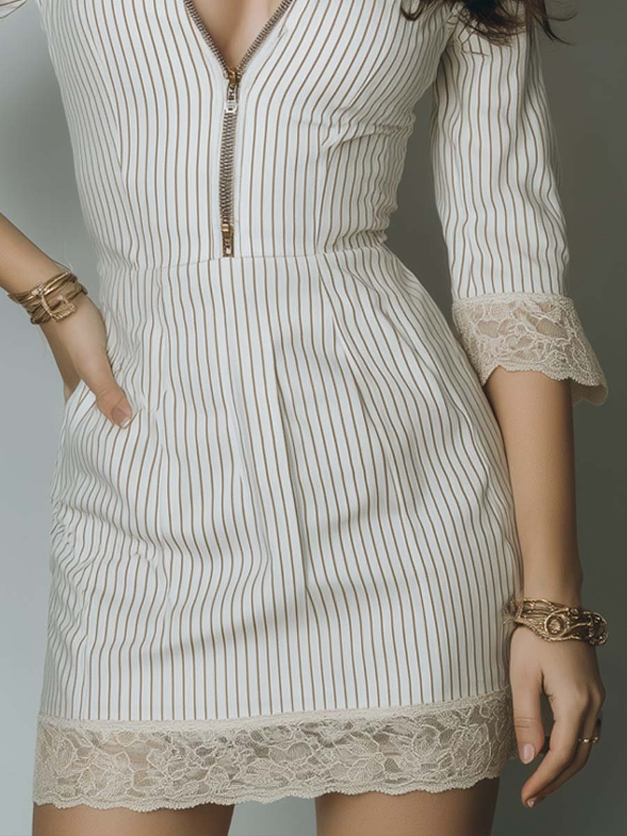 Vintage Striped Lace Zippered Neck Mini Dress