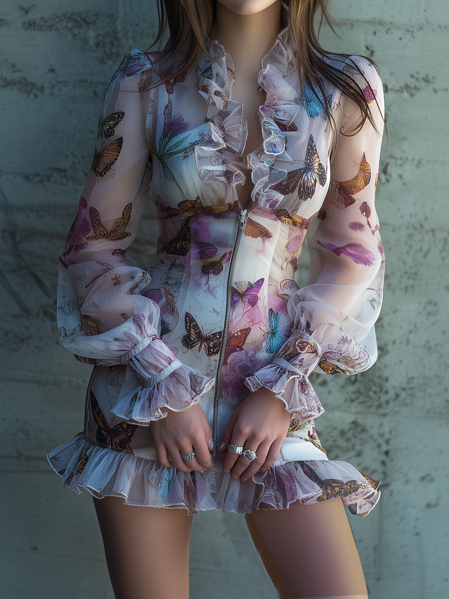 Chic Boho Zip Front Sheer Butterfly Print Ruffle Mini Dress