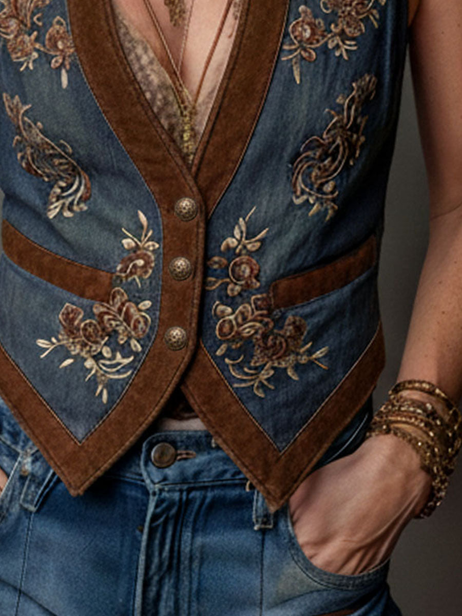 Vintage Boho Embroidered Denim Vest With Suede Trim