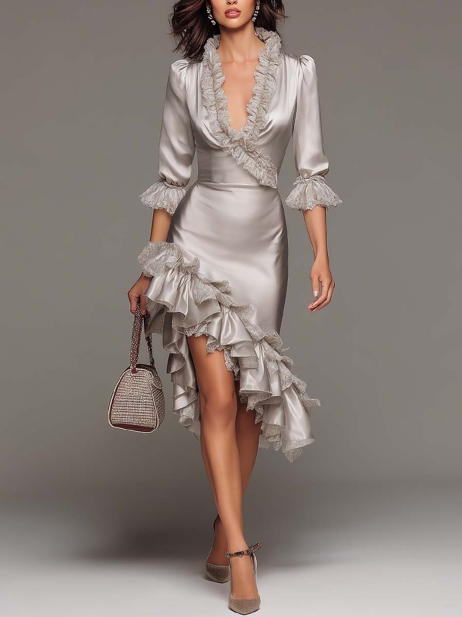 Ruffled Satin Asymmetrical Hem Midi Dress