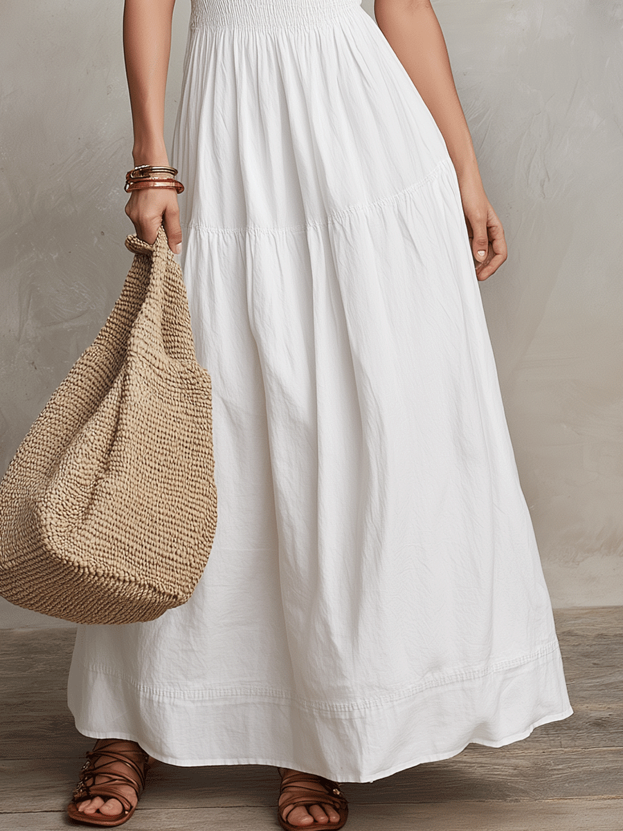 Bohemian White Button-Front Maxi Dress
