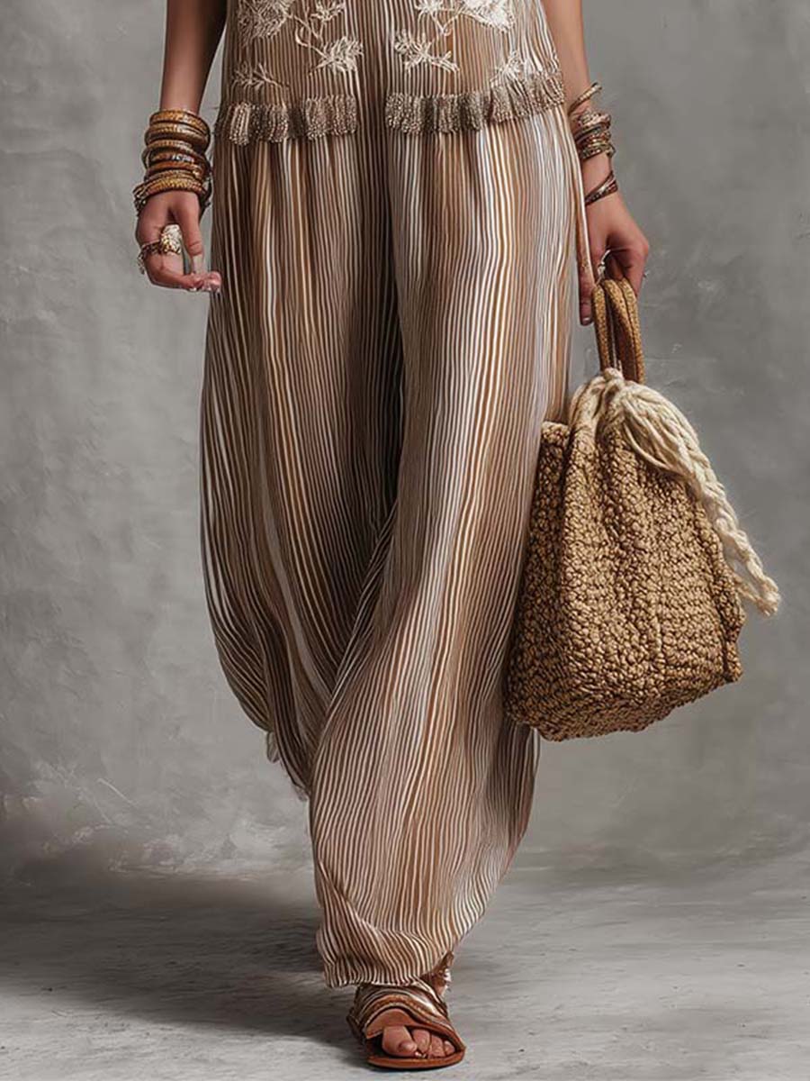 Lightweight Boho Embroidered Striped Chiffon Sleeveless Jumpsuit