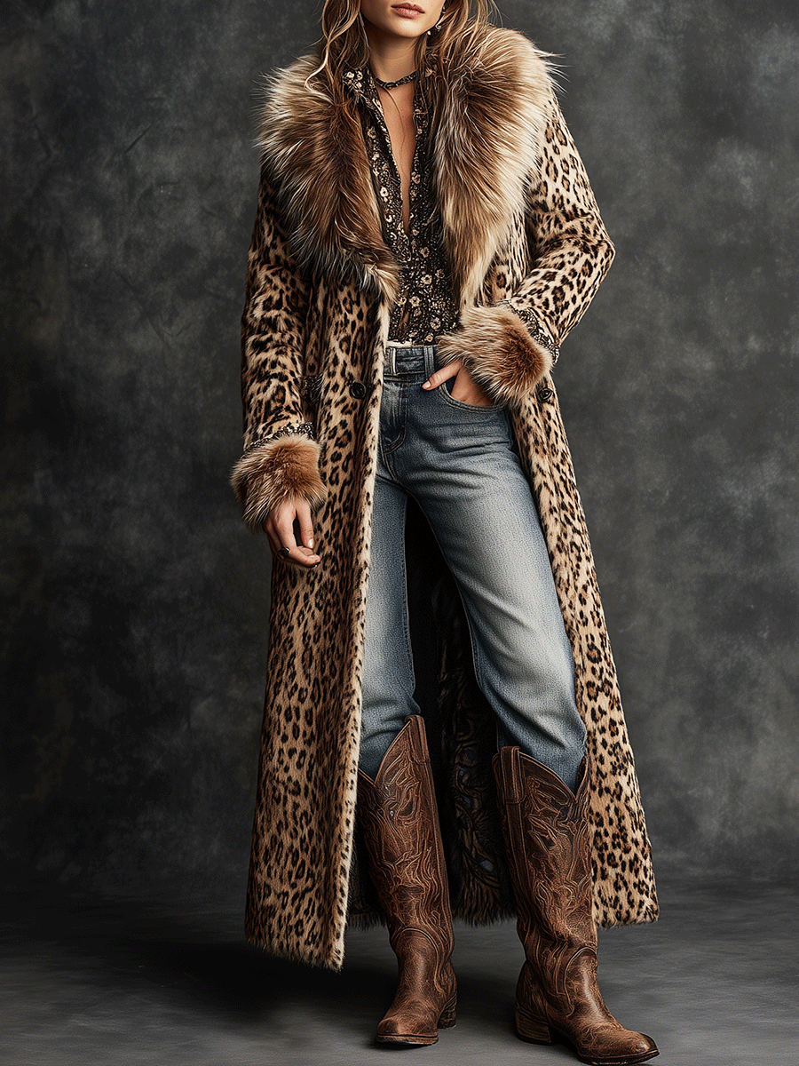 Vintage Boho Leopard Faux Fur Longline Coat