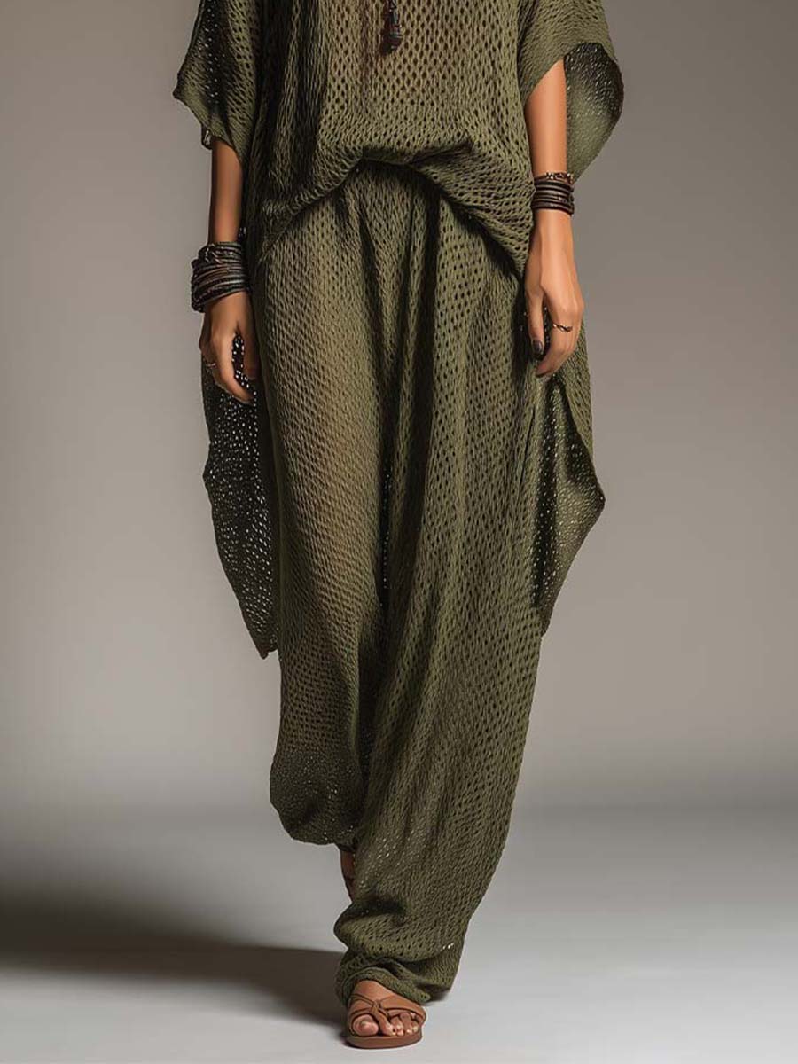 Bohemian Open-Knit Batwing Top & Wide-Leg Pants Set