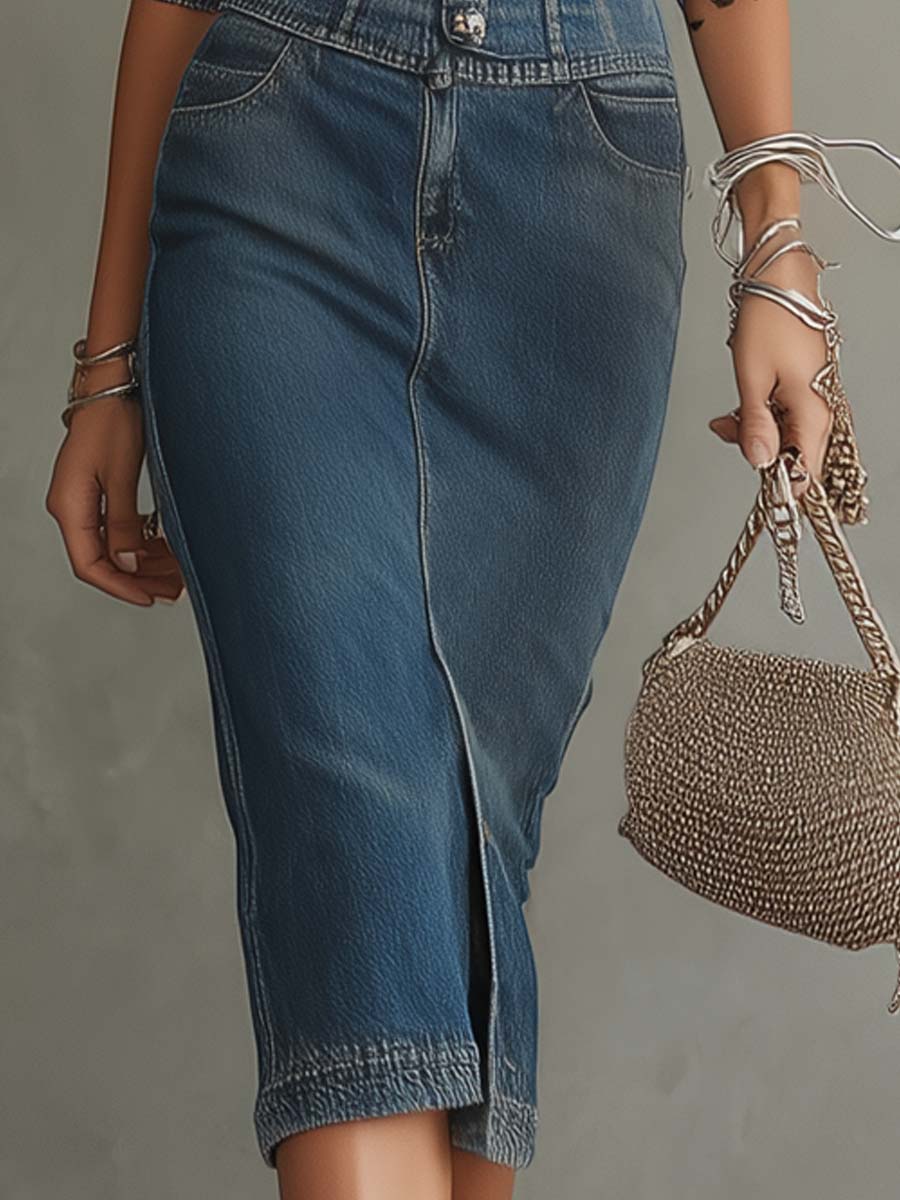 Vintage Square-neck Button-down Denim Midi Dress