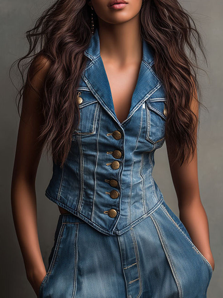 RetroStructured Button-Front Denim Corset Vest