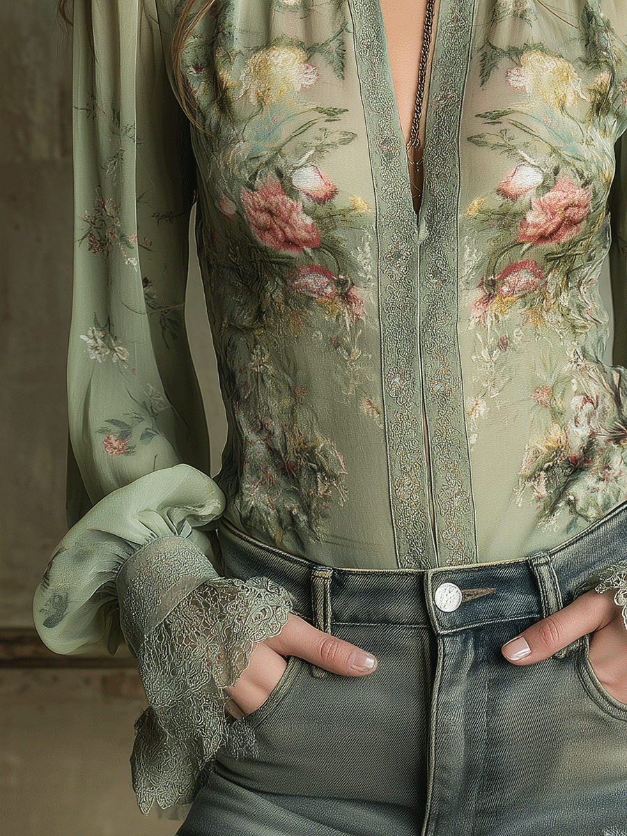 Vintage Boho Mint Chiffon Floral Lace Cuffs Blouse