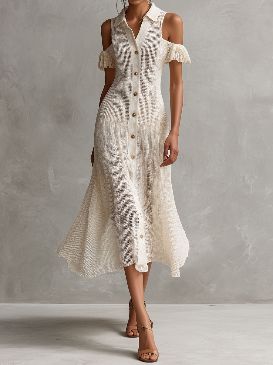 Quiet Luxury Ivory Cold-Shoulder Button-Front Midi Dress