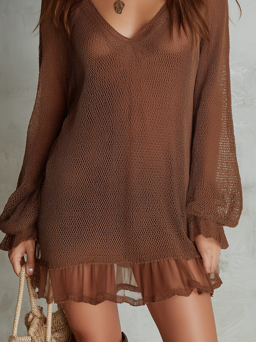 Bohemian Knitted Mini Dress With Chiffon Ruffled Hem