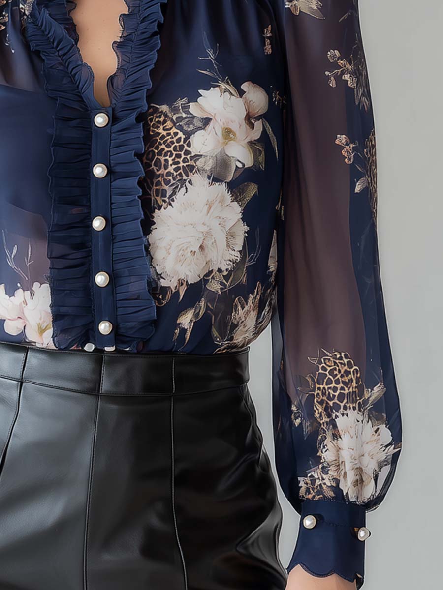 Vintage Pearl Ruffle Leopard Print Floral Chiffon Blouse