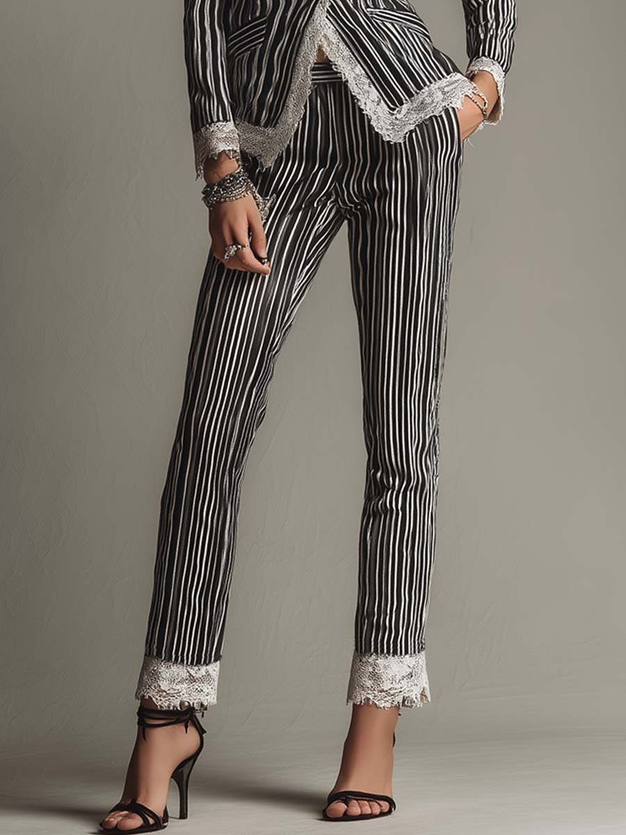 Vintage-style Lace Trim Striped Blazer