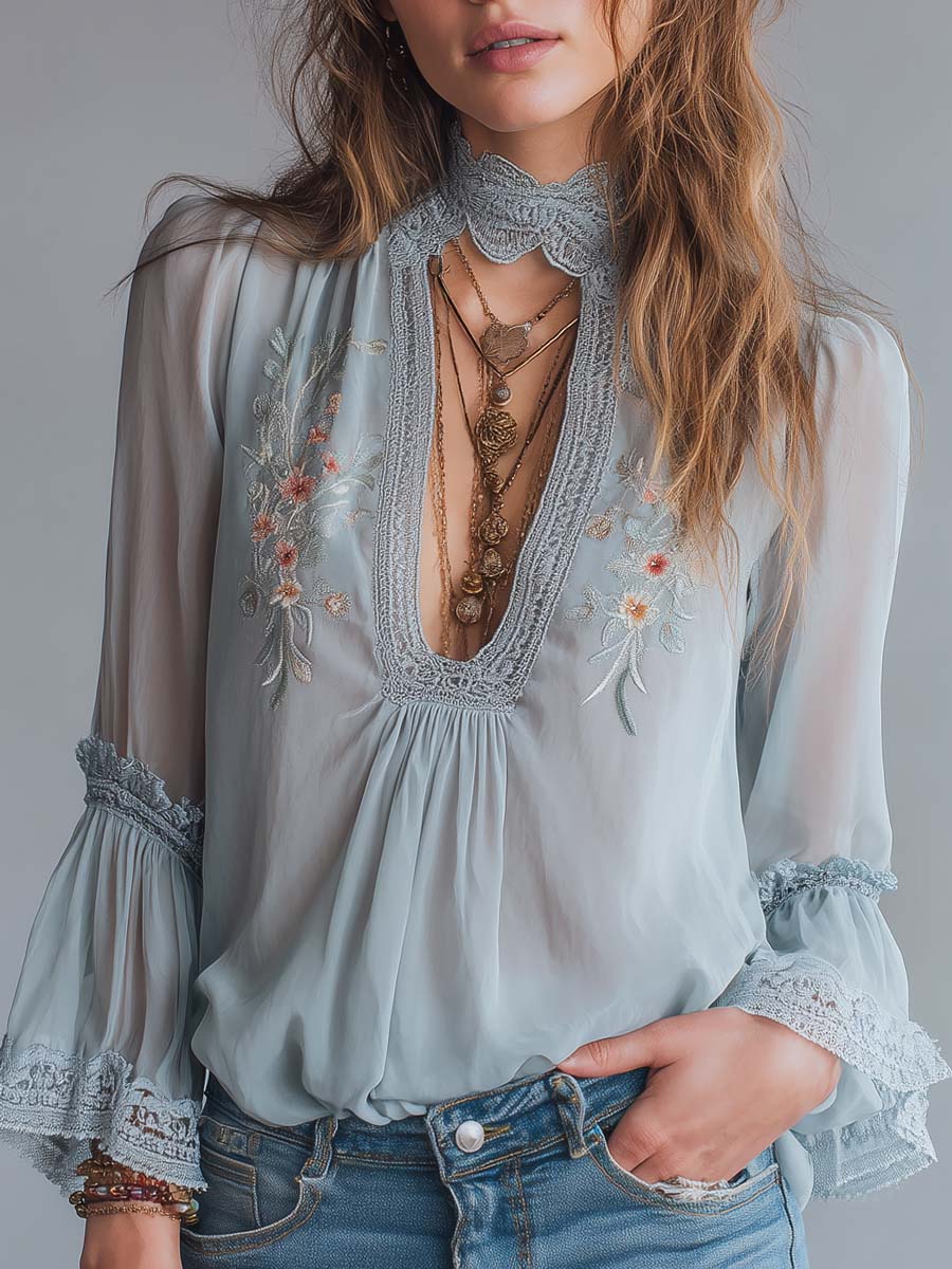 Retro Keyhole Neck Floral Embroidered Chiffon Blouse
