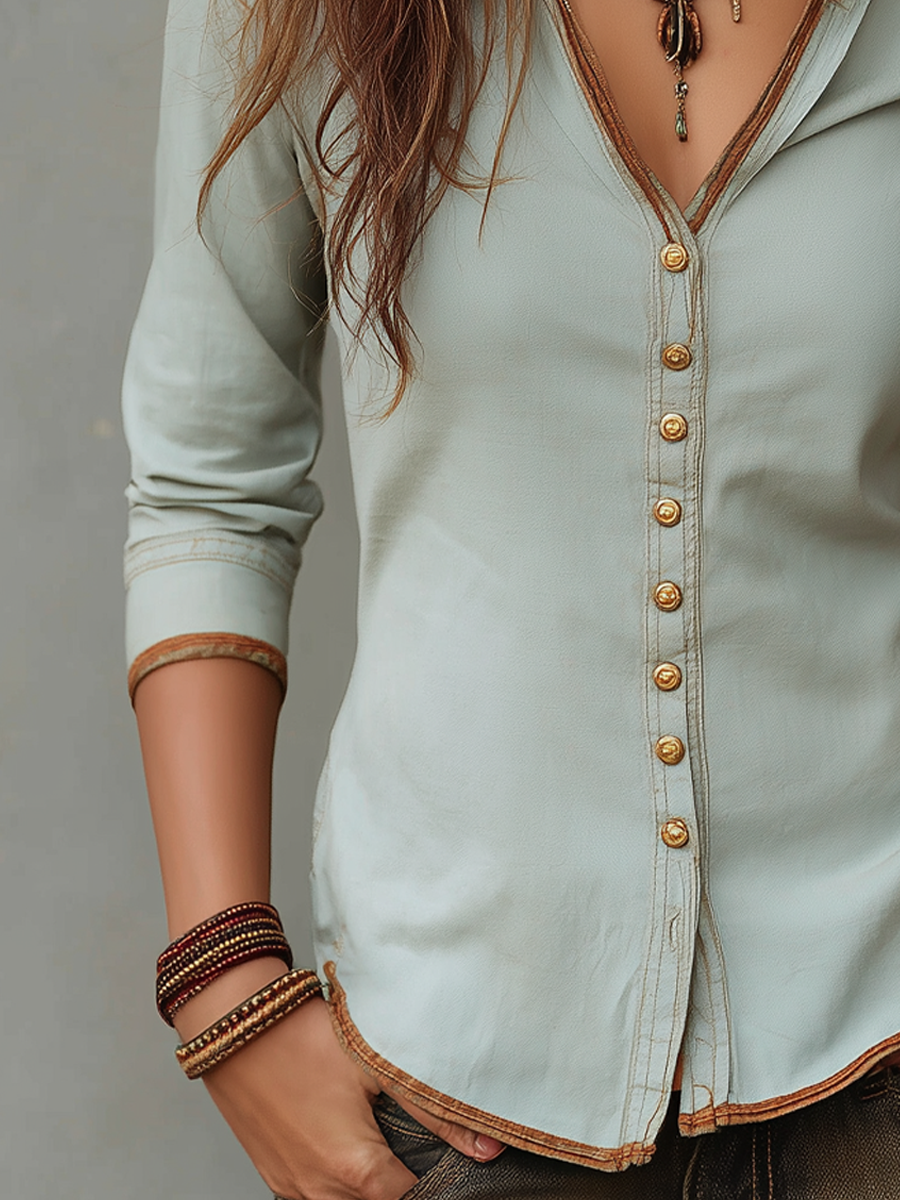 Vintage Washed Henley Collar Denim Blouse