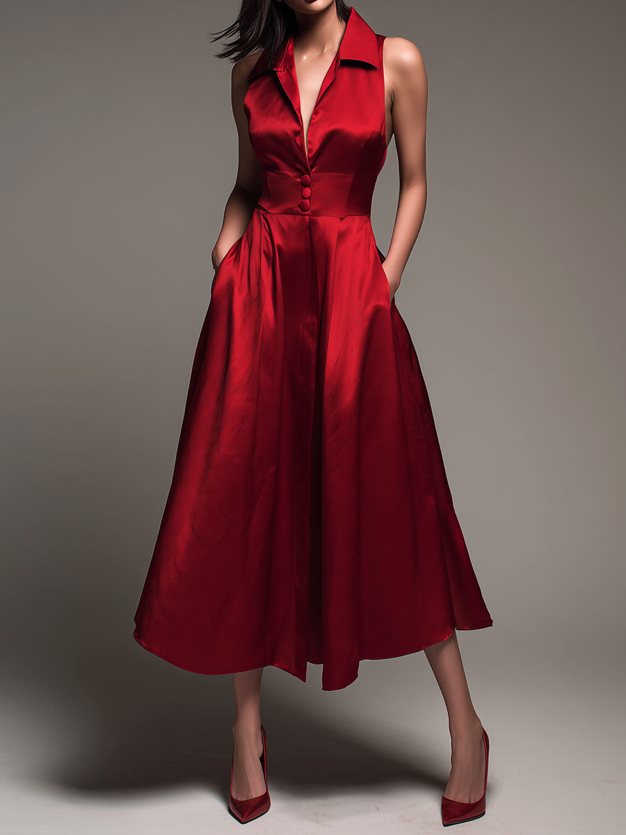 Elegant Red Satin Sleeveless Collared Fit-and-Flare Midi Dress