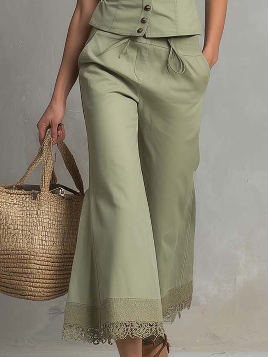 Pure-Cotton Buttoned Vest & Wide-Leg Pants Set