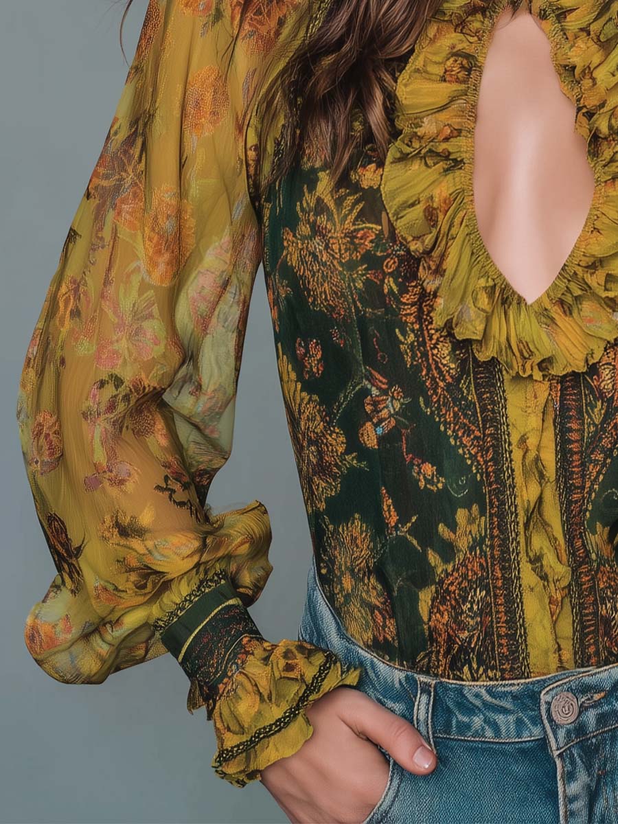 Bohemian Ruffled Keyhole Floral Chiffon Blouse