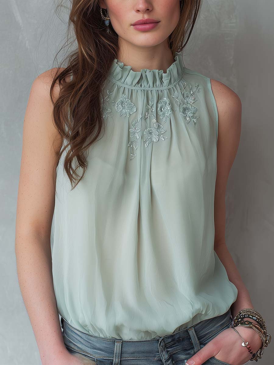 Elegant Embroidered High-Neck Sleeveless Blouse