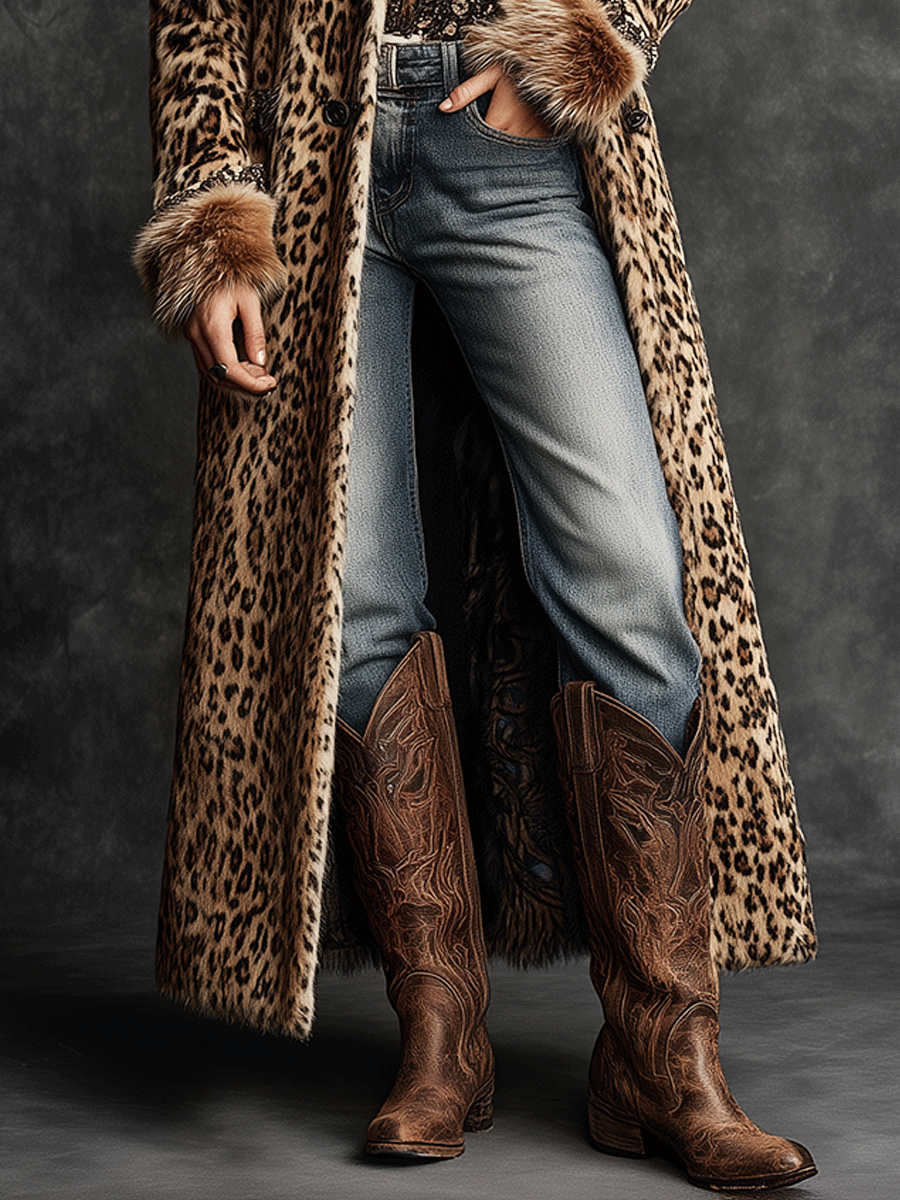 Vintage Boho Leopard Faux Fur Longline Coat