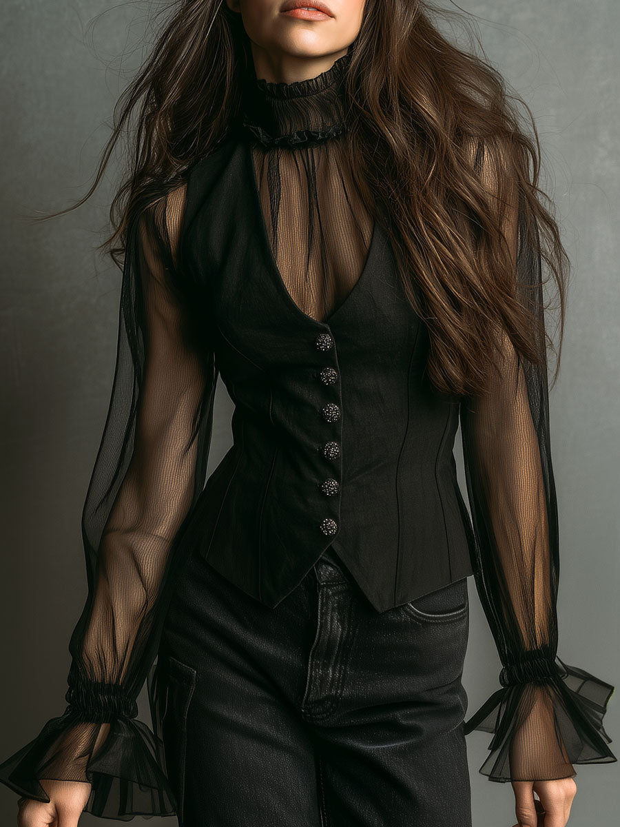 Black Sheer Turtleneck Ruffled Sleeve Corset Top with Crystal Buttons