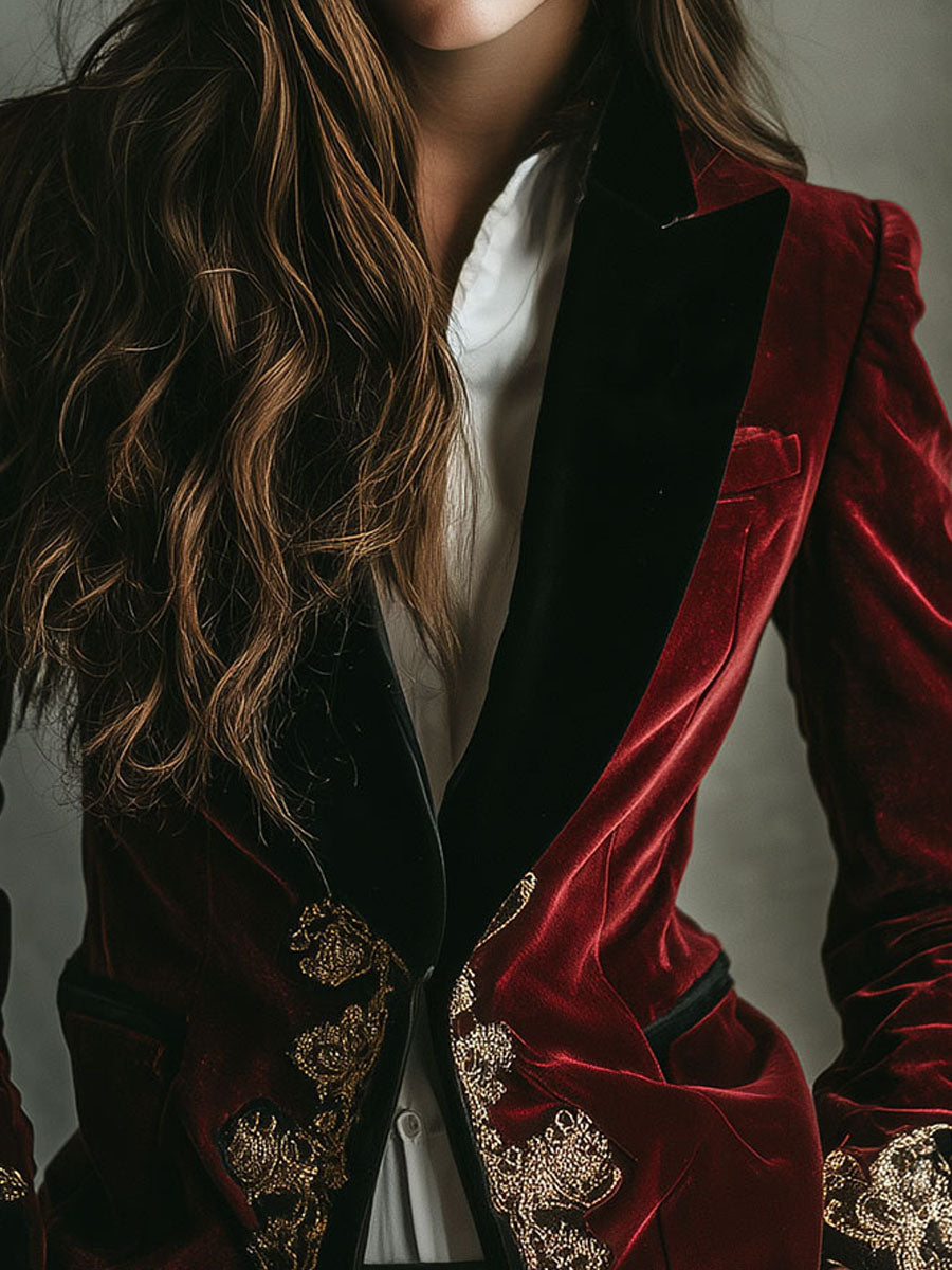 Elegant Black Collar Gold Luxury Embroidered Velvet Blazer
