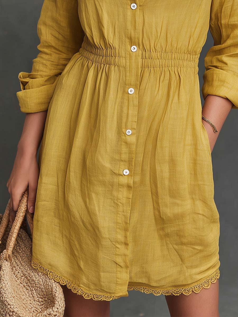 Bohemian Casual Button-Front Cotton Shirt Dress With Lace Trim