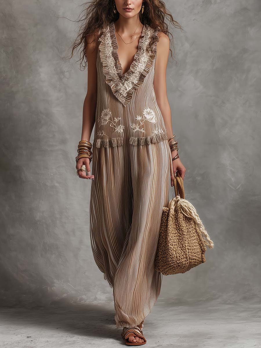 Lightweight Boho Embroidered Striped Chiffon Sleeveless Jumpsuit