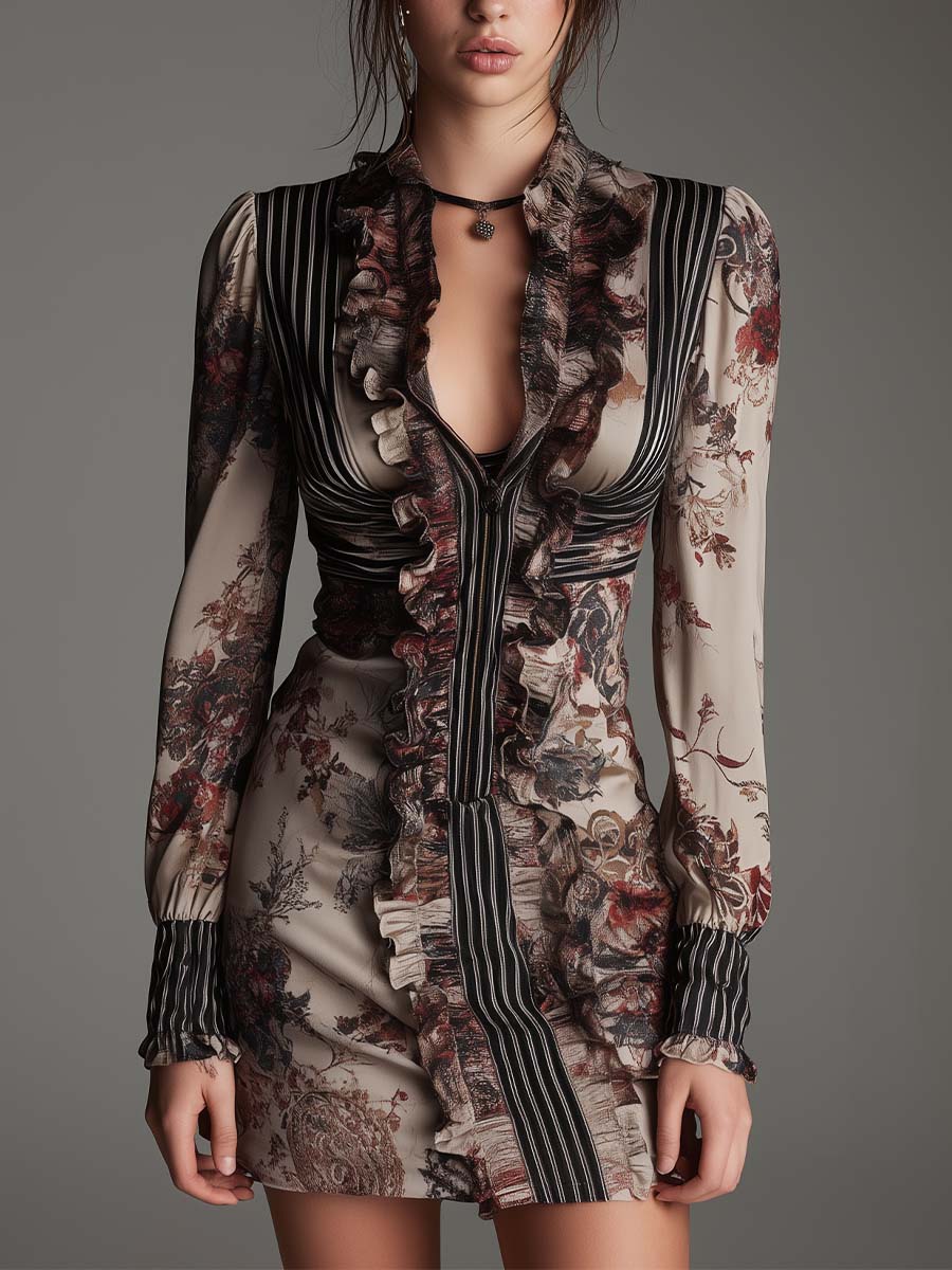 Floral Pinstripe Ruffle Zip-Front Mini Dress