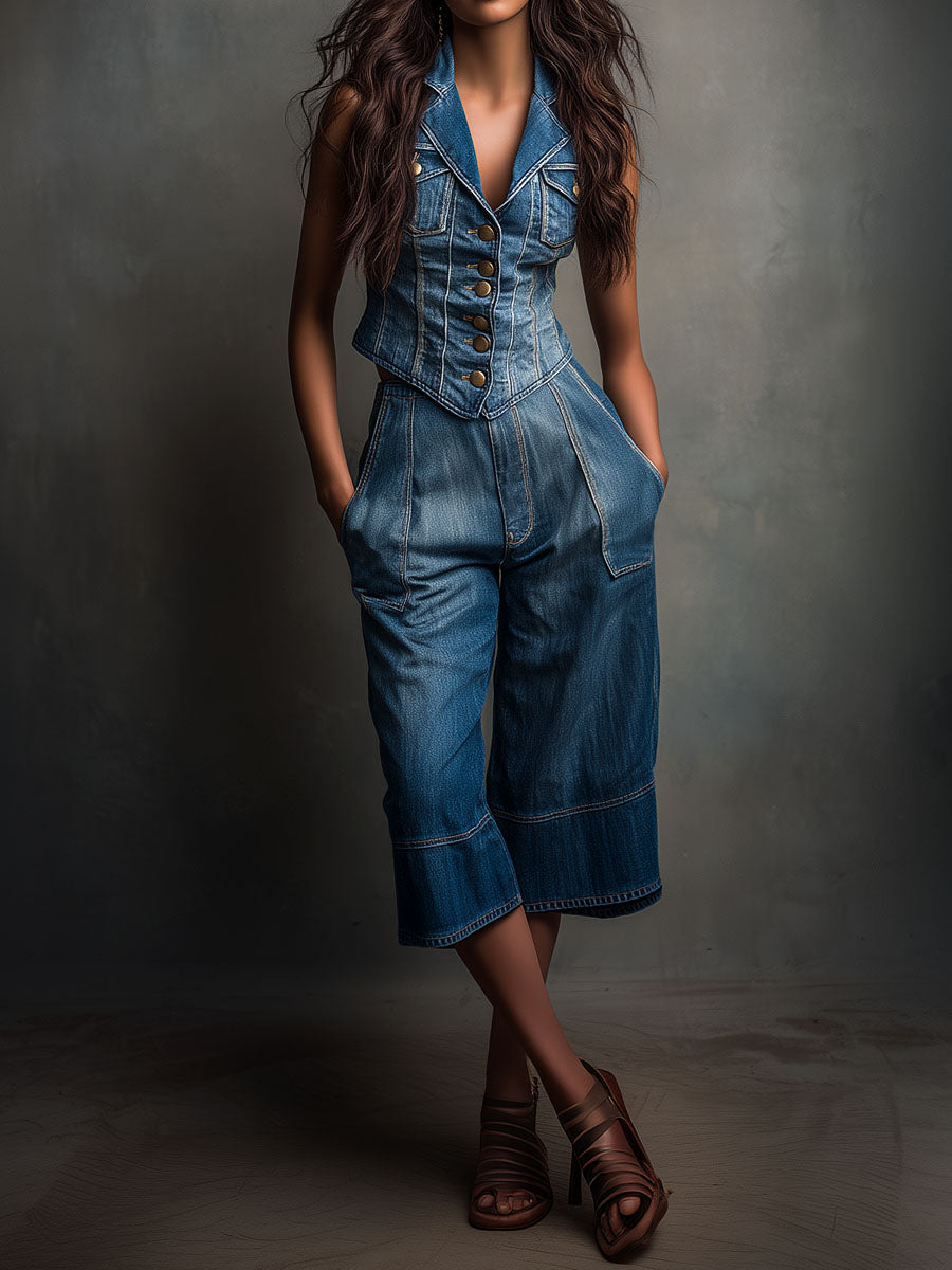 RetroStructured Button-Front Denim Corset Vest
