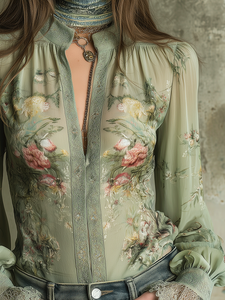 Vintage Boho Mint Chiffon Floral Lace Cuffs Blouse
