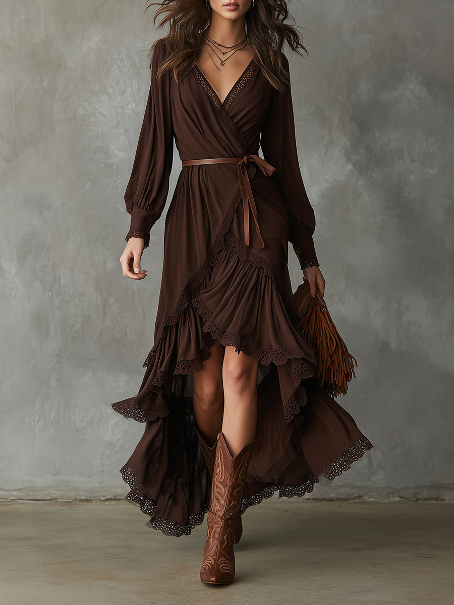 Bohemian Cotton-blend Lace Multi-layer Ruffle High-low Hem Maxi Dress