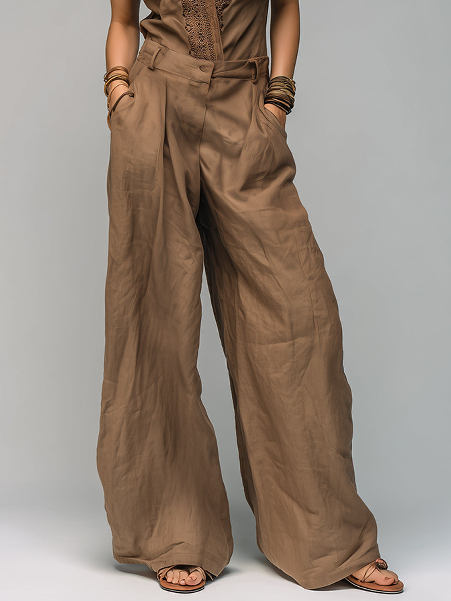 Bohemian Cotton Sleeveless Shirt & Wide-leg Pants Set With Lace Trim