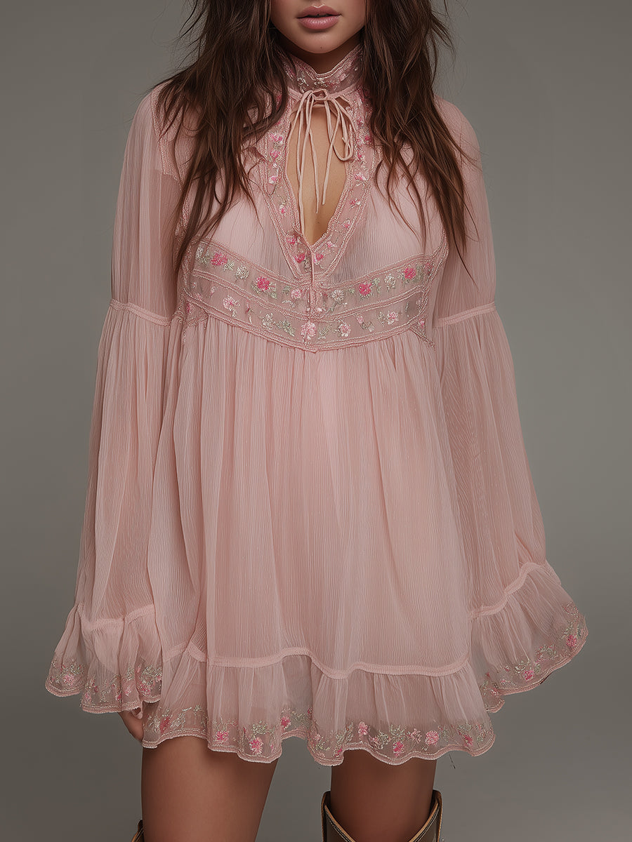 Romantic Chiffon Crinkle Embroidered Keyhole Neckline Mini Dress