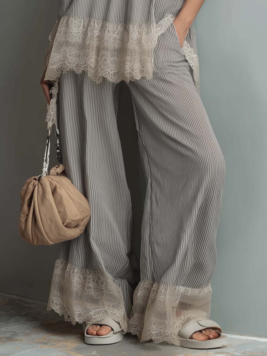 Bohemian Striped Lace Tank Top Pants Set