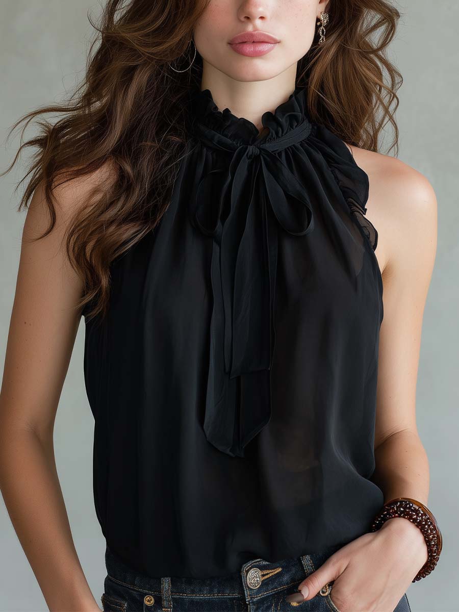 Classic And Elegant Tie-neck Sleeveless Chiffon Blouse.