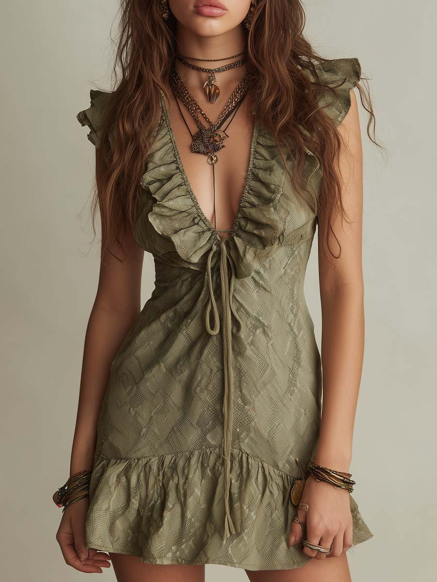 Ruffled Tie-Front Textured Snake-Print Mini Dress