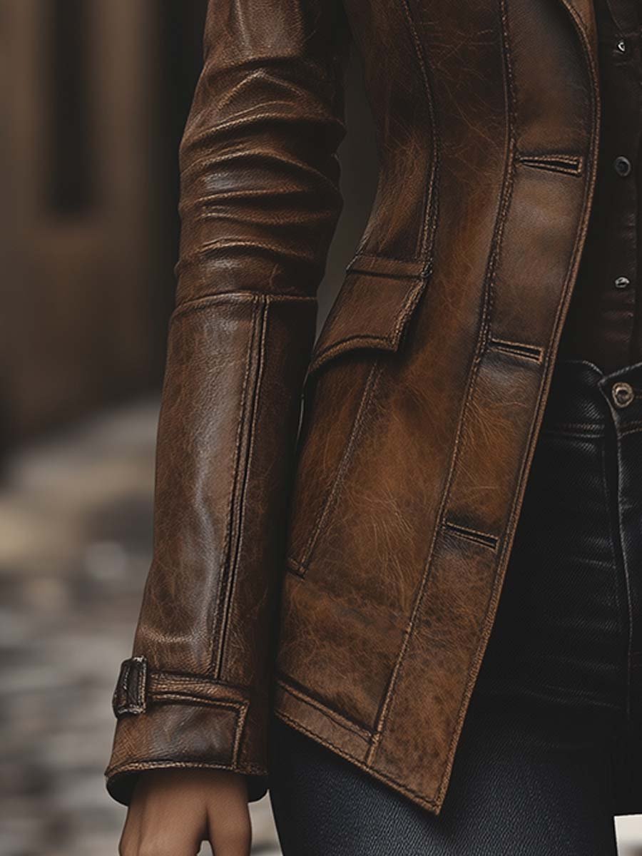 Women's Vintage Lapel Pocket Faux Leather Jacket