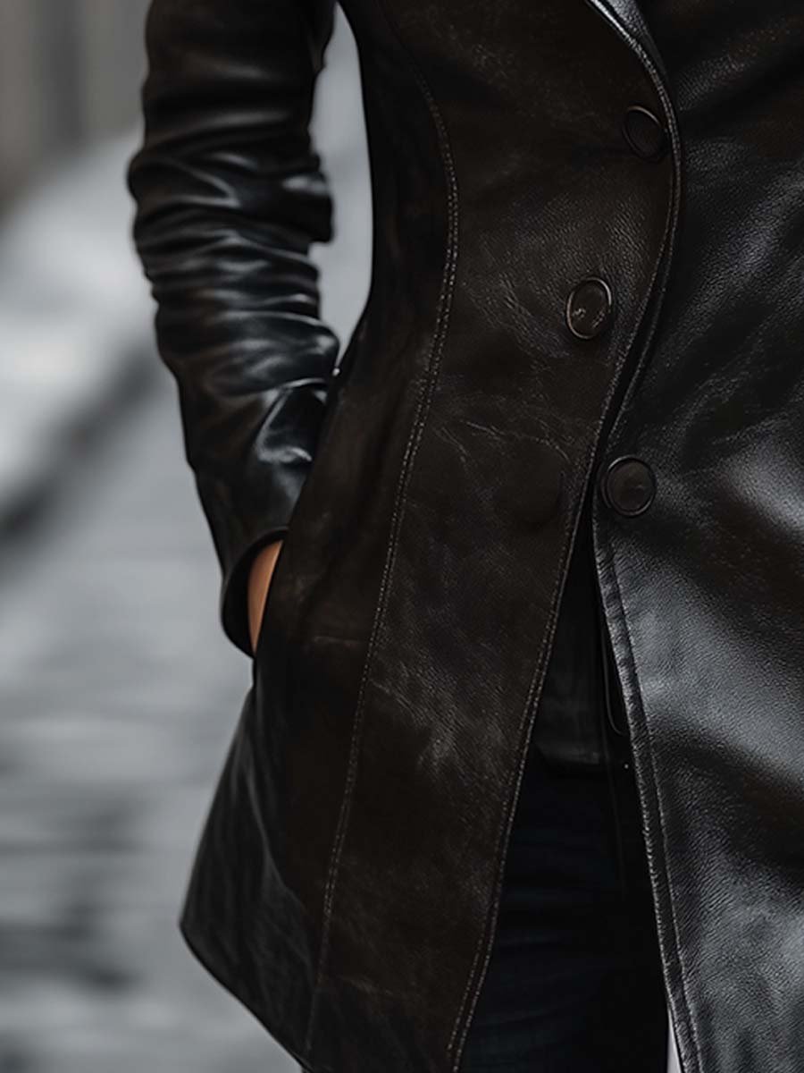 Vintage Lapel Button Faux Leather Jacket