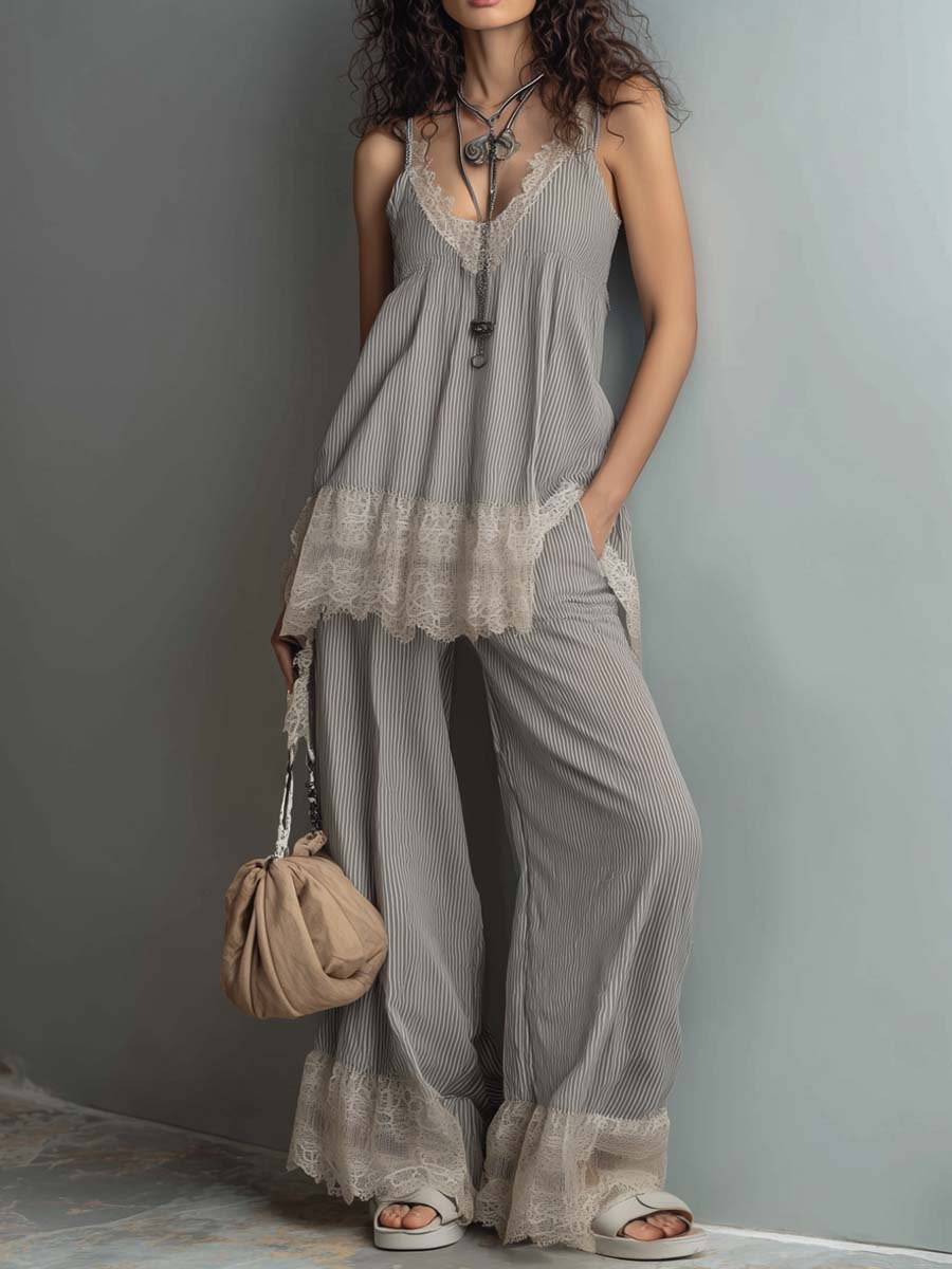Bohemian Striped Lace Tank Top Pants Set