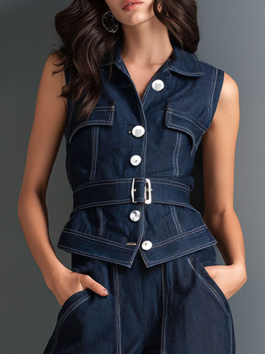 Retro Dark Denim Belted Vest & Wide-Leg Trousers Two-Piece Set