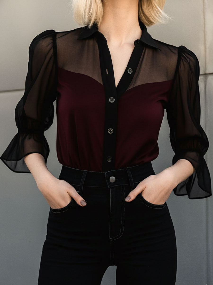 Retro Sheer Sleeves Burgundy Chiffon Contrast Blouse