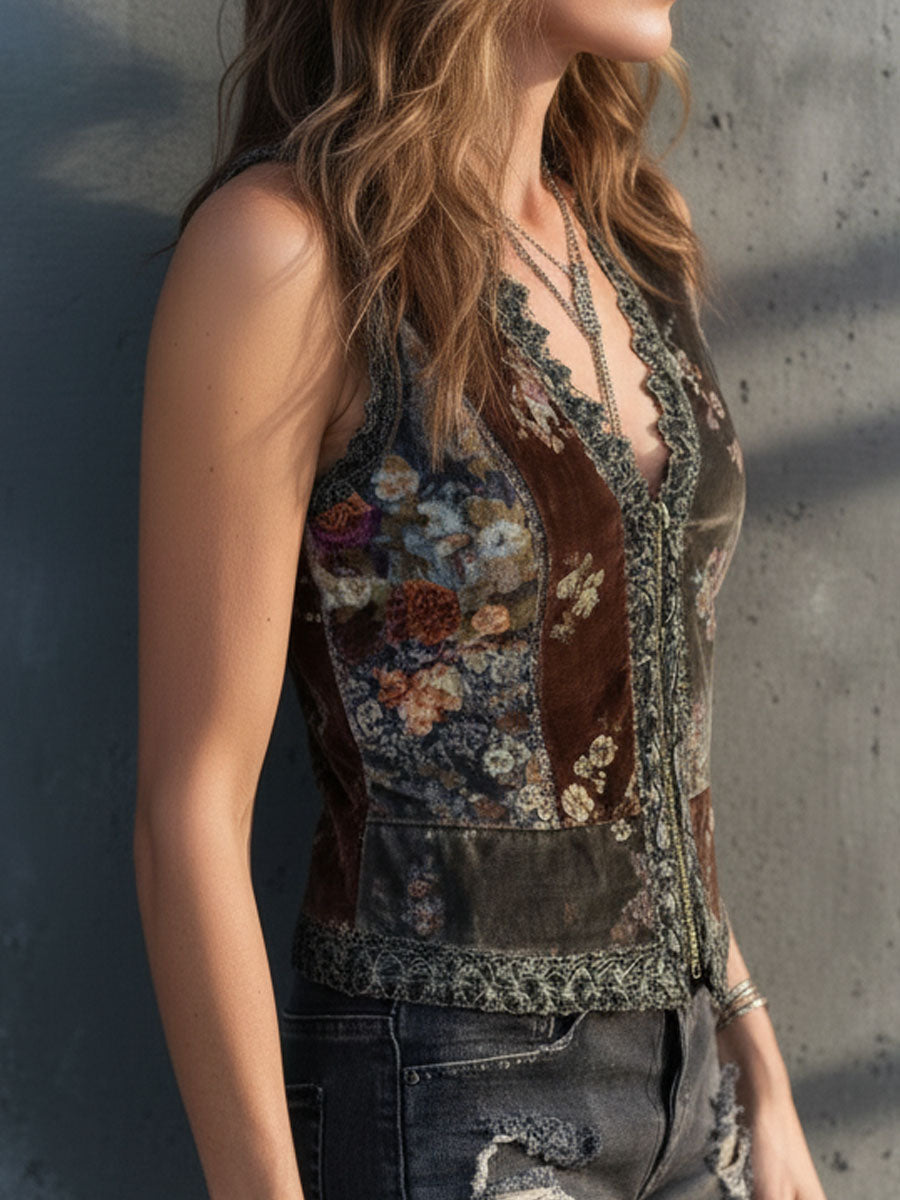 Vintage Boho Zip-Front Velvet Patchwork Floral Lace Vest