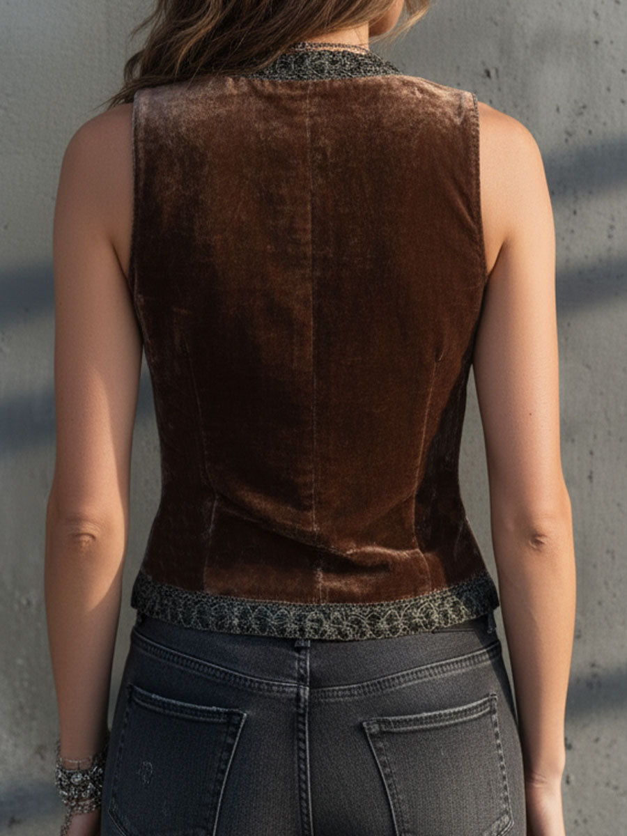 Vintage Boho Zip-Front Velvet Patchwork Floral Lace Vest