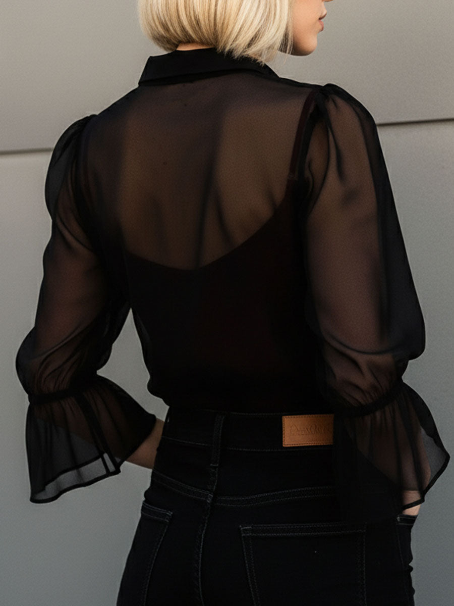 Retro Sheer Sleeves Burgundy Chiffon Contrast Blouse