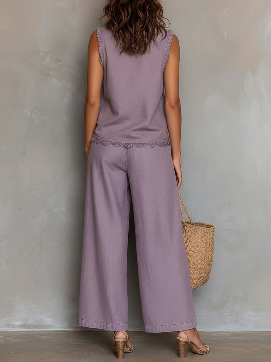 Casual Tencel Sleeveless Button-Front Top & Wide-Leg Pants Set