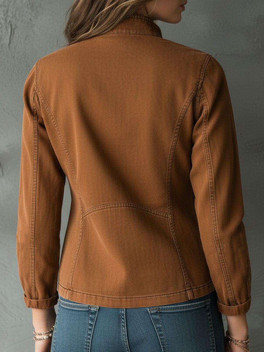 Vintage Caramel Brown Utility Zip-Up Shirt