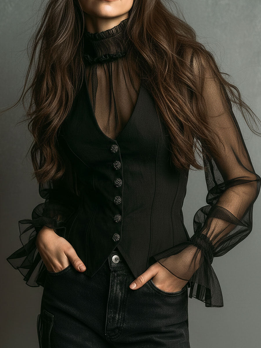 Black Sheer Turtleneck Ruffled Sleeve Corset Top with Crystal Buttons