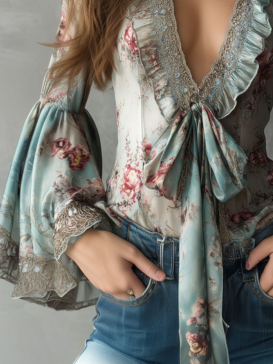 Vintage Tie Front Floral Silk Blouse With Lace Bell Sleeves